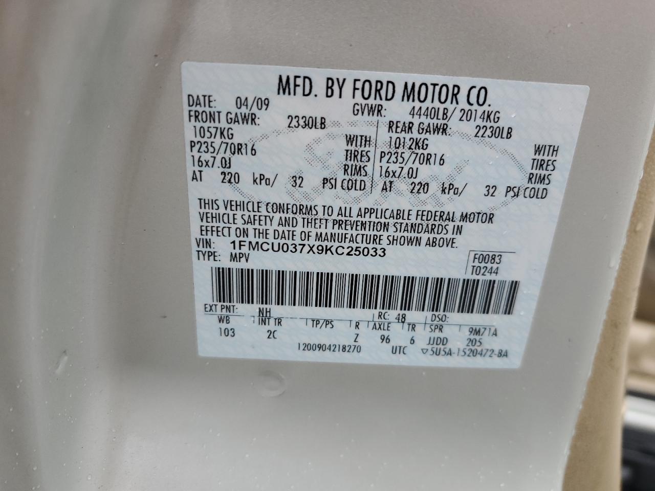 2009 Ford Escape Xlt VIN: 1FMCU037X9KC25033 Lot: 66241284