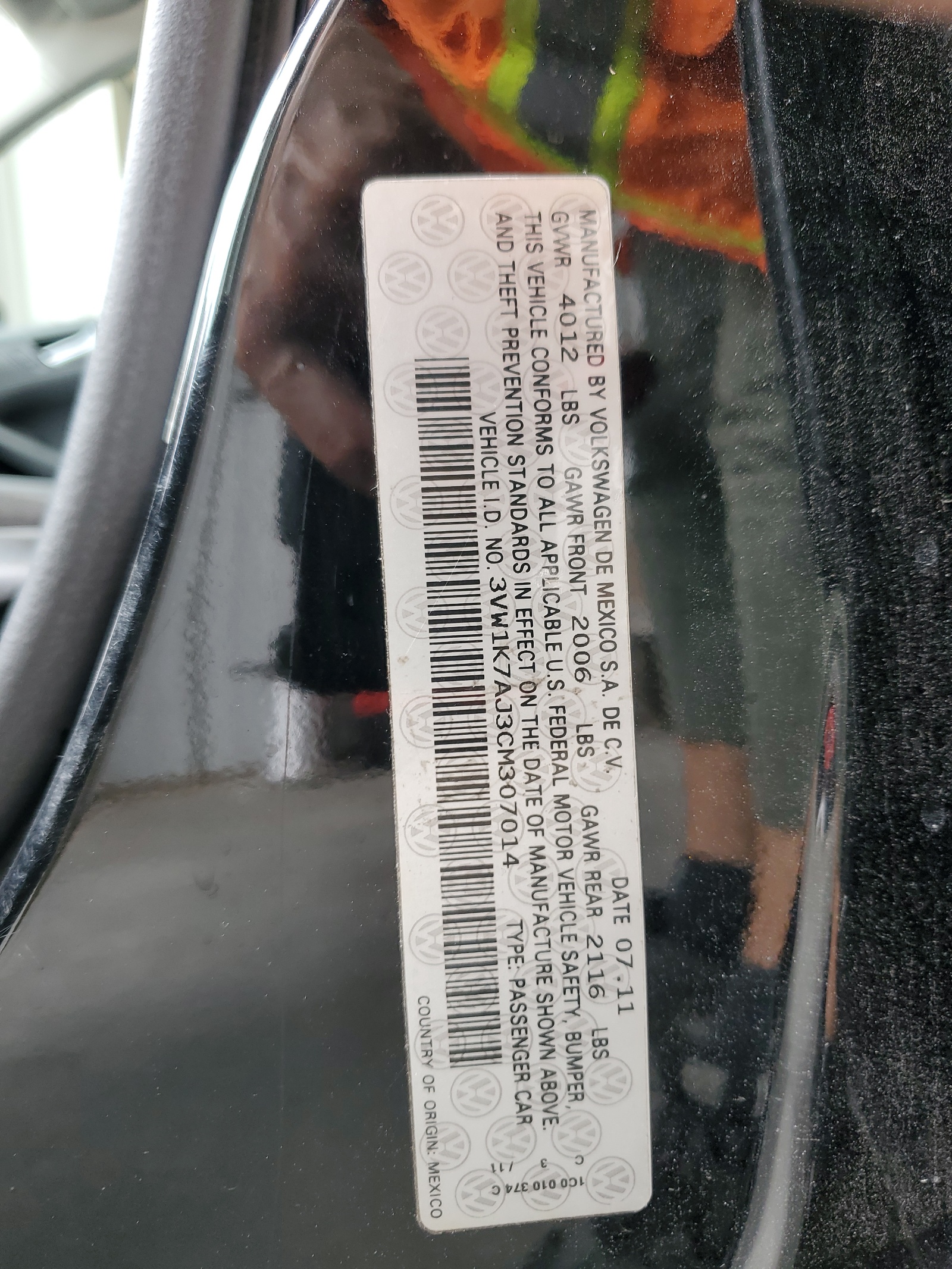 2012 Volkswagen Jetta Base vin: 3VW1K7AJ3CM307014