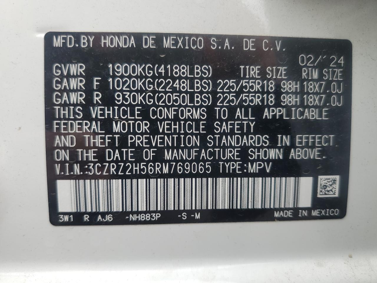 2024 Honda Hr-V Sport VIN: 3CZRZ2H56RM769065 Lot: 67761194