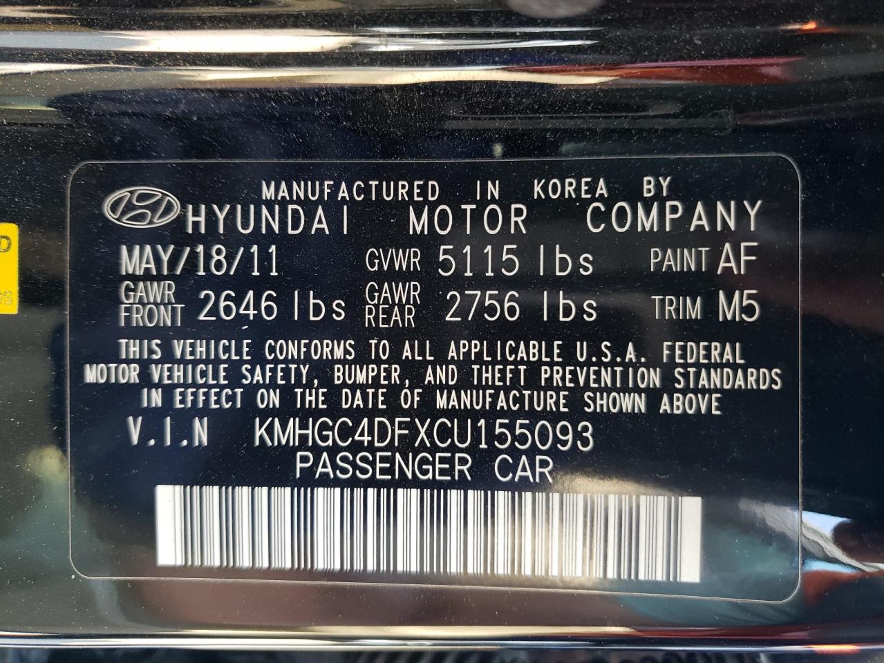 KMHGC4DFXCU155093 2012 Hyundai Genesis 4.6L