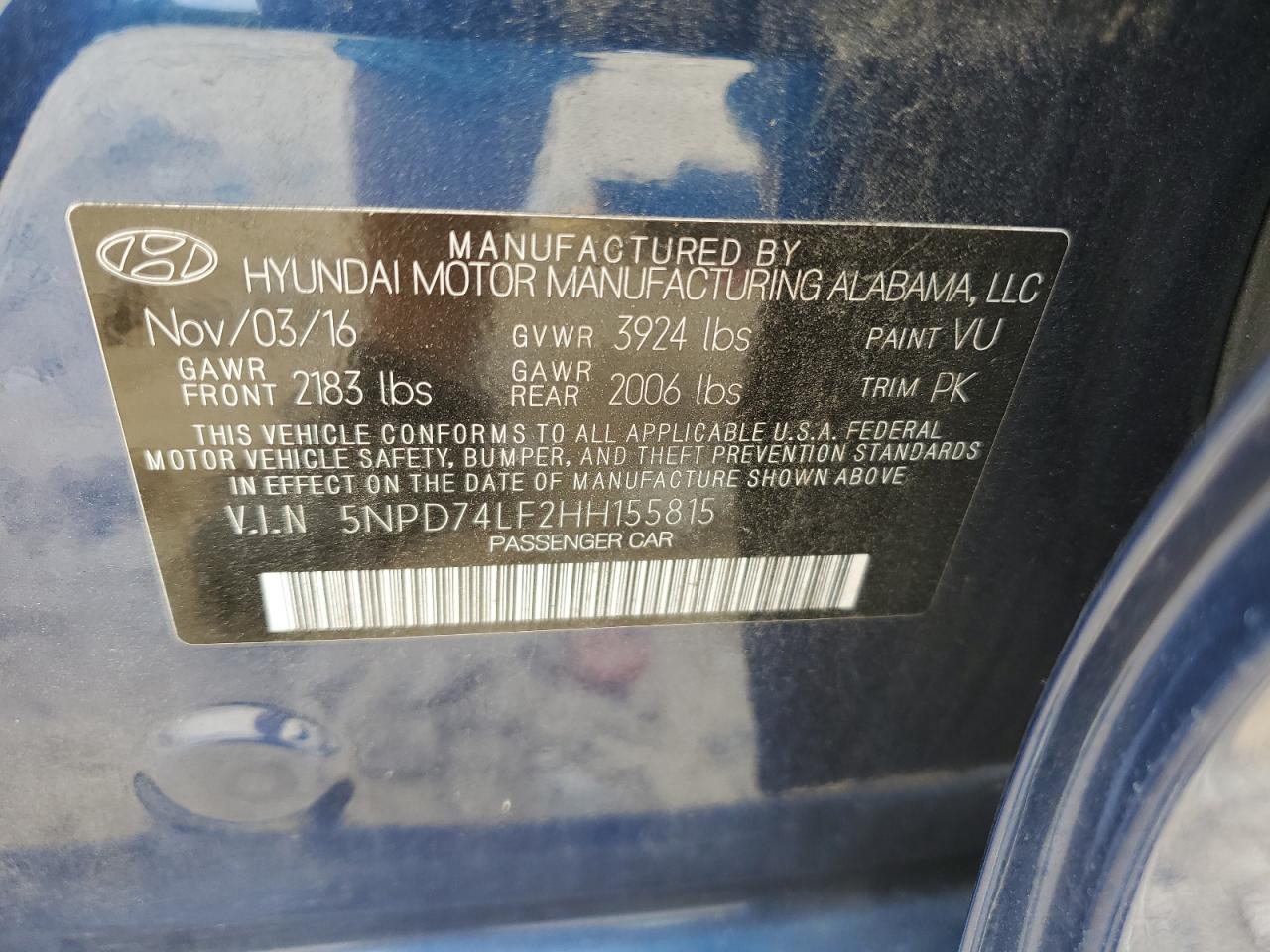 5NPD74LF2HH155815 2017 HYUNDAI ELANTRA - Image 14