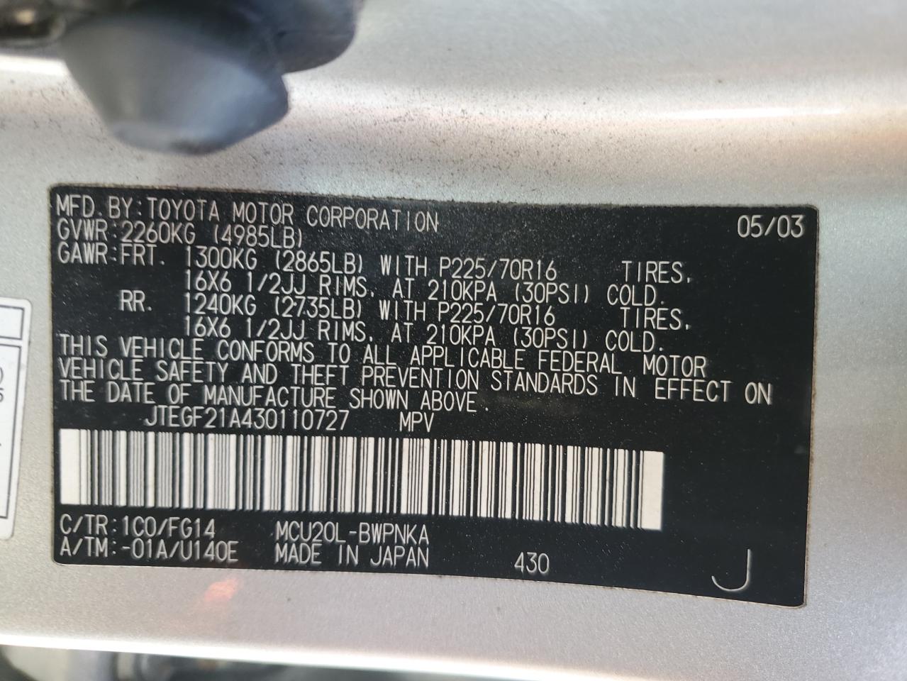 2003 Toyota Highlander Limited VIN: JTEGF21A430110727 Lot: 67729234