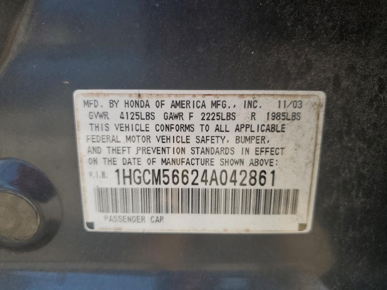 2004 Honda Accord Ex VIN: 1HGCM56624A042861 Lot: 65287464