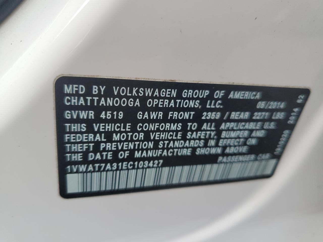 1VWAT7A31EC103427 2014 Volkswagen Passat S