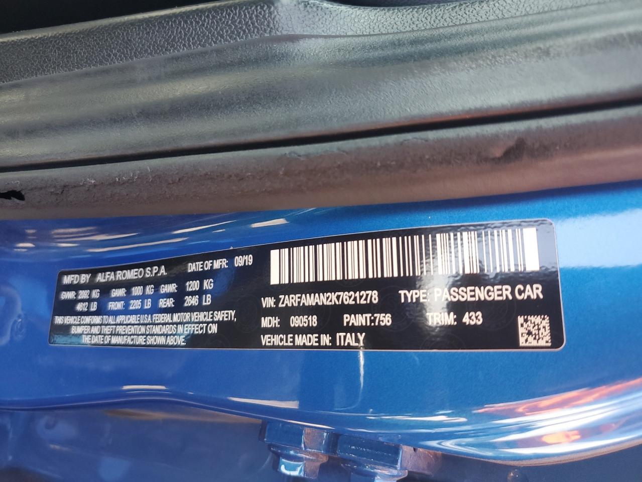 2019 Alfa Romeo Giulia VIN: ZARFAMAN2K7621278 Lot: 66141984