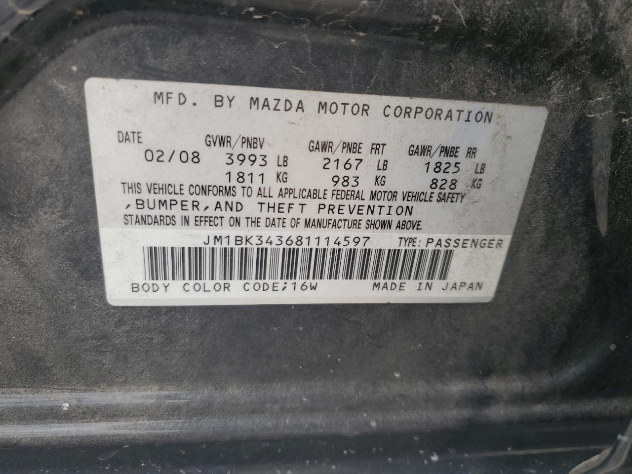 JM1BK343681114597 2008 Mazda 3 Hatchback