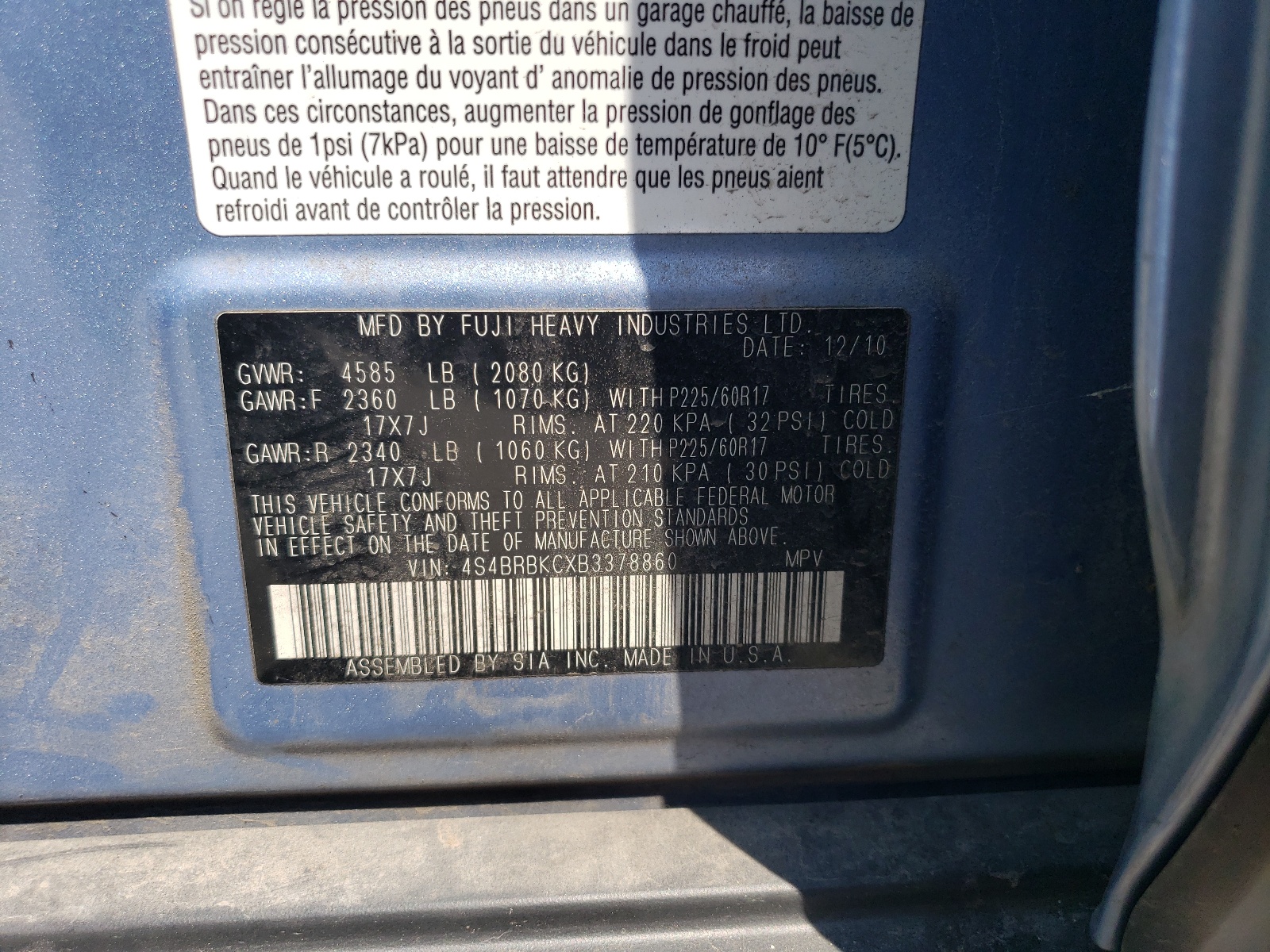 4S4BRBKCXB3378860 2011 Subaru Outback 2.5I Limited