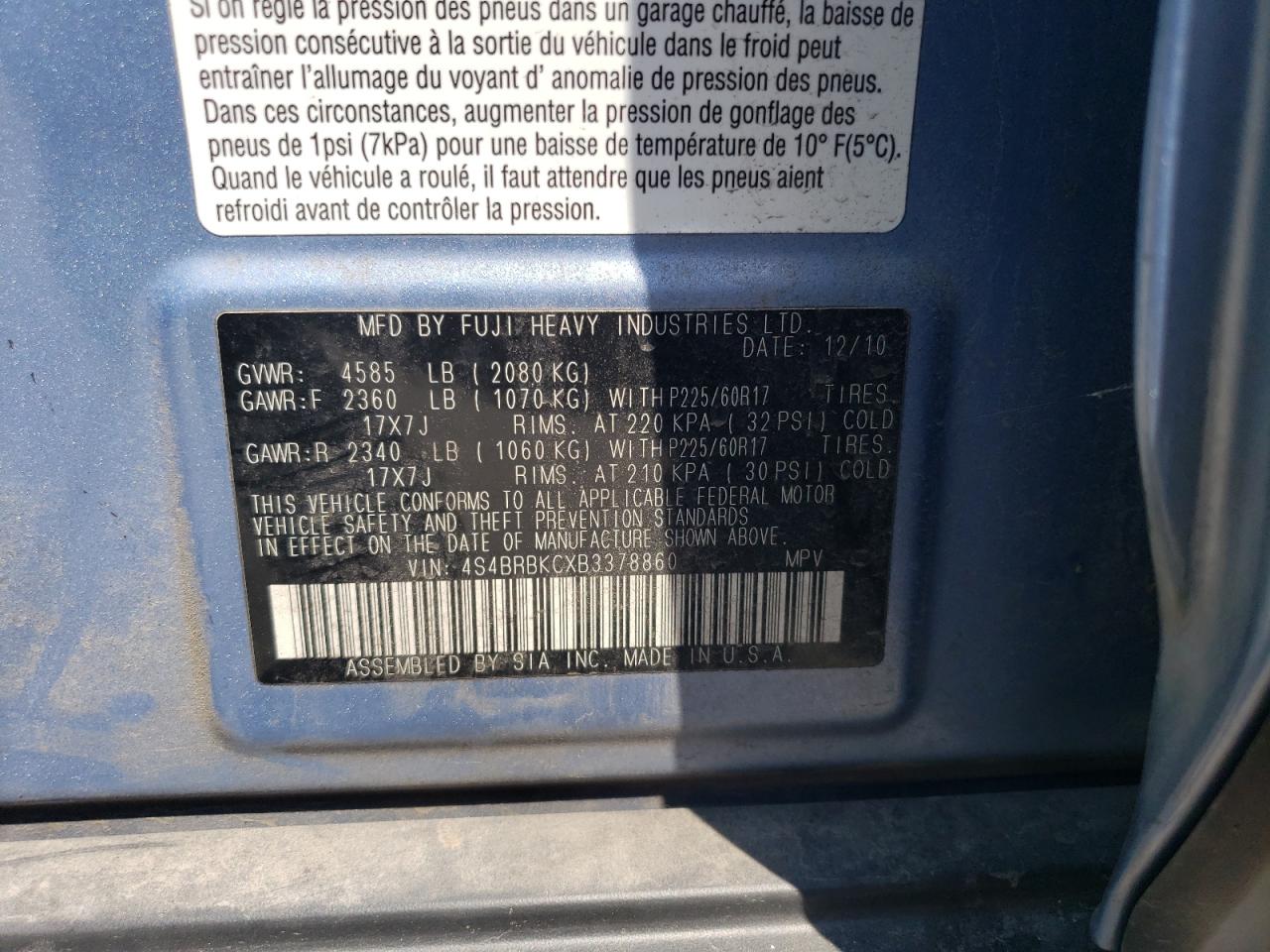 2011 Subaru Outback 2.5I Limited VIN: 4S4BRBKCXB3378860 Lot: 66934334