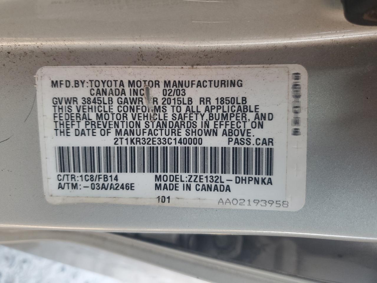 2003 Toyota Corolla Matrix Xr VIN: 2T1KR32E33C140000 Lot: 66614724