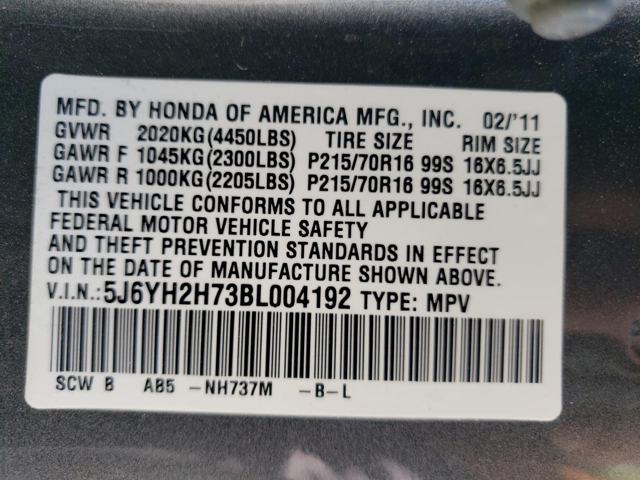 2011 Honda Element Ex VIN: 5J6YH2H73BL004192 Lot: 68435204