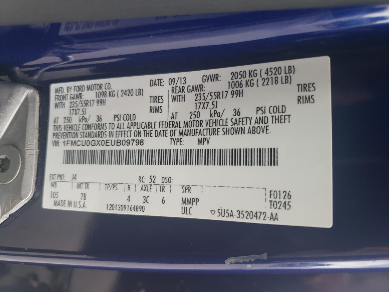 2014 Ford Escape Se VIN: 1FMCU0GX0EUB09798 Lot: 66151034