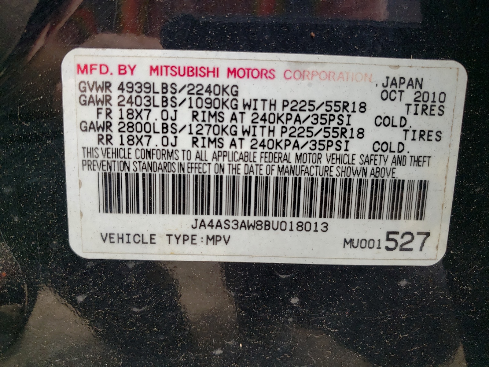 JA4AS3AW8BU018013 2011 Mitsubishi Outlander Se