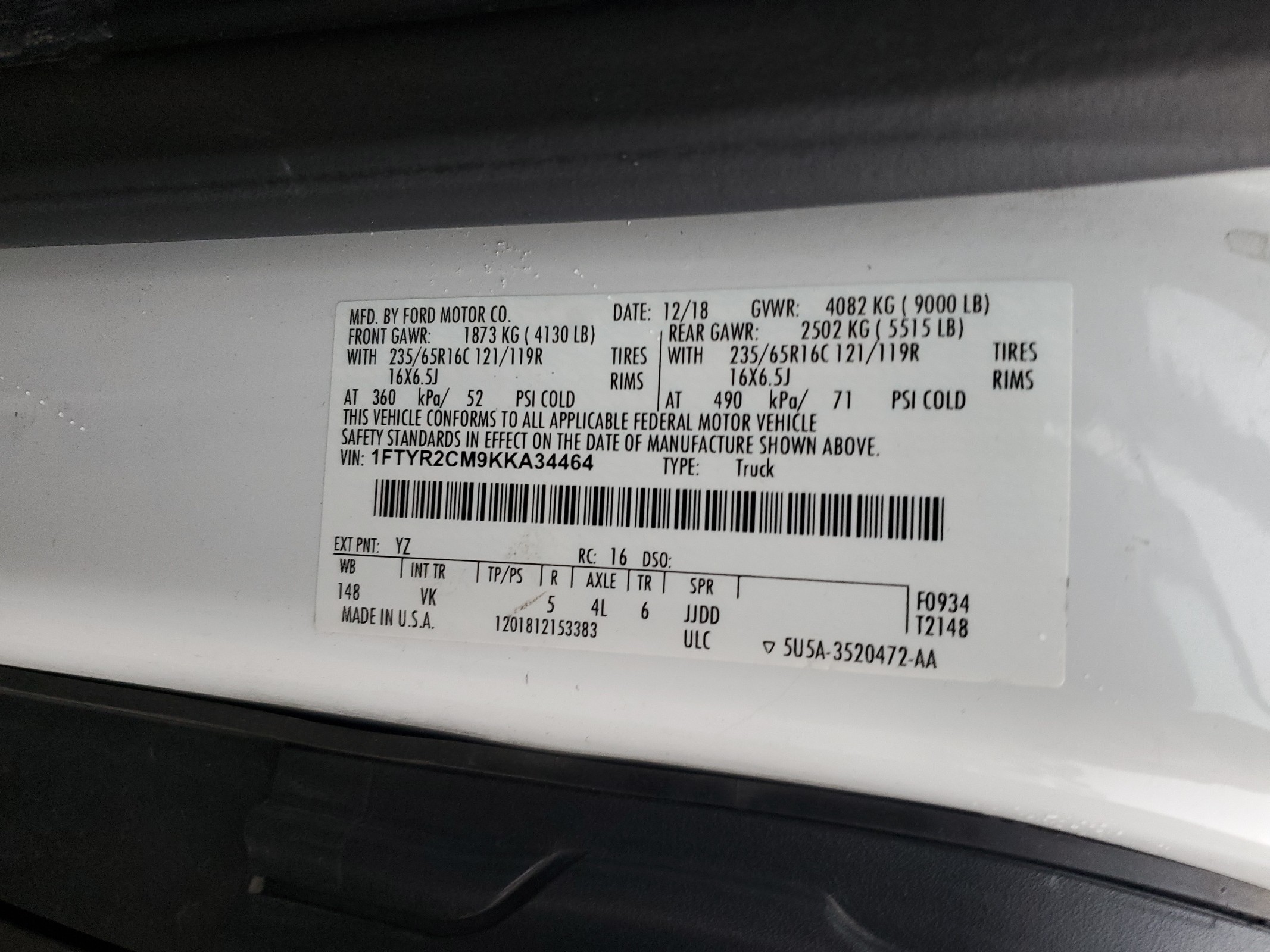 1FTYR2CM9KKA34464 2019 Ford Transit T-250