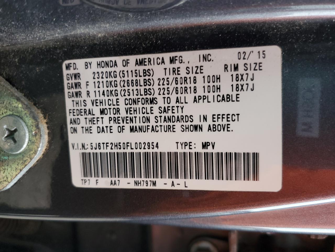 2015 Honda Crosstour Exl VIN: 5J6TF2H50FL002954 Lot: 68239684