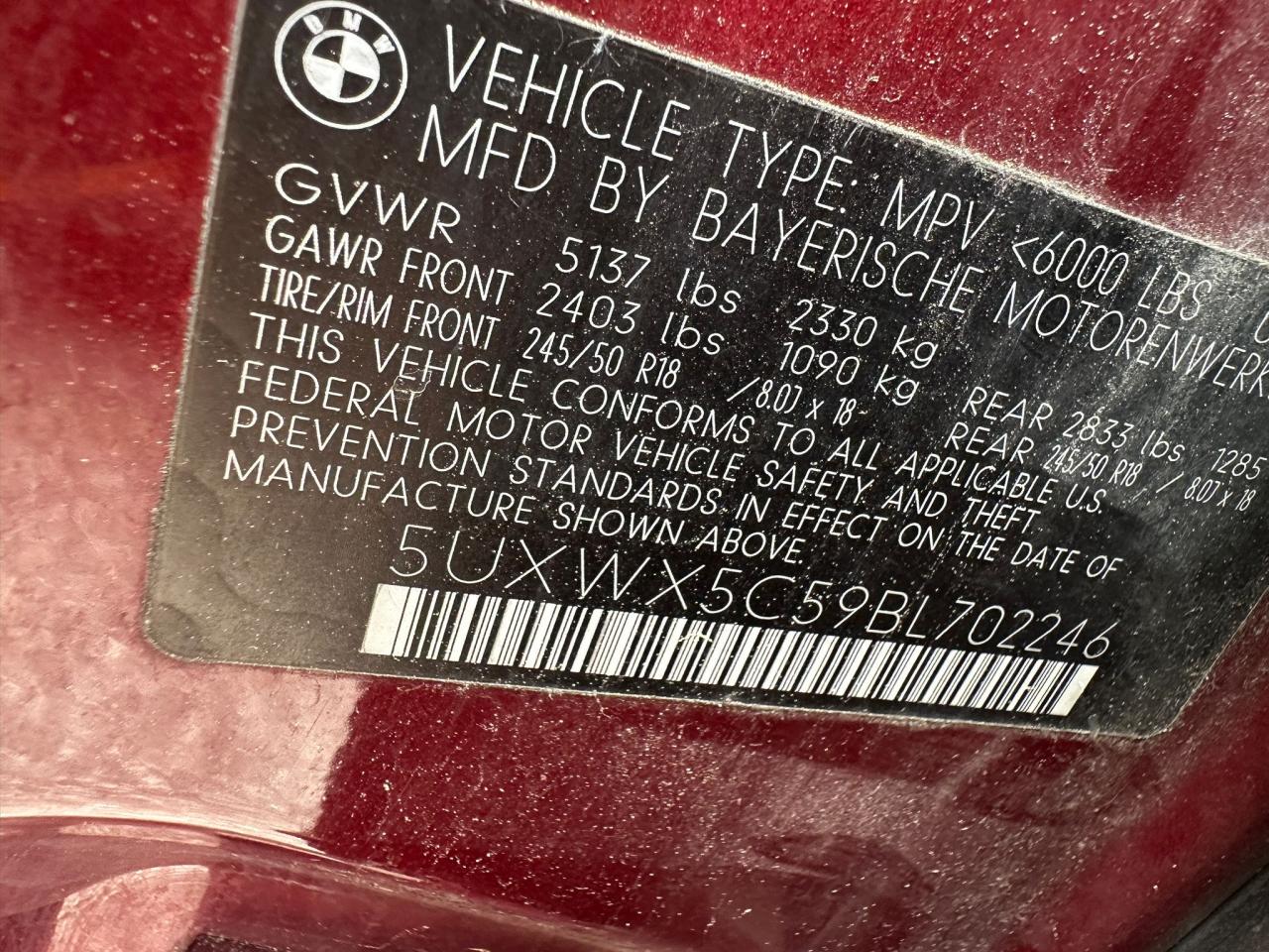 2011 BMW X3 xDrive28I VIN: 5UXWX5C59BL702246 Lot: 68766524