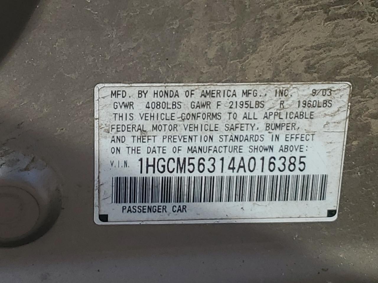 2004 Honda Accord Lx VIN: 1HGCM56314A016385 Lot: 68306754