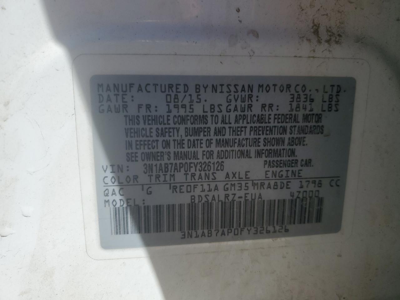 3N1AB7AP0FY326126 2015 Nissan Sentra S