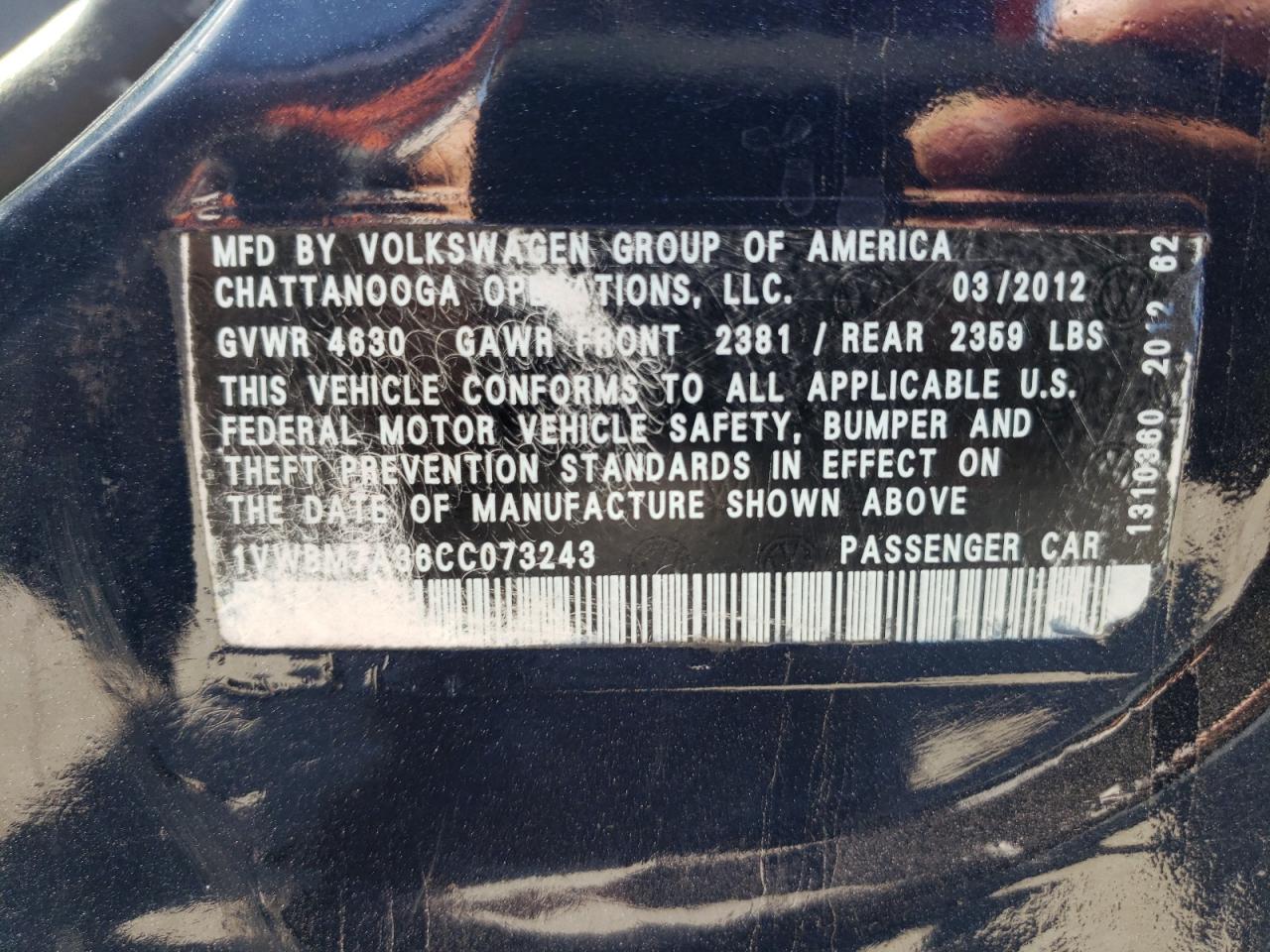 2012 Volkswagen Passat Se VIN: 1VWBM7A36CC073243 Lot: 66676354