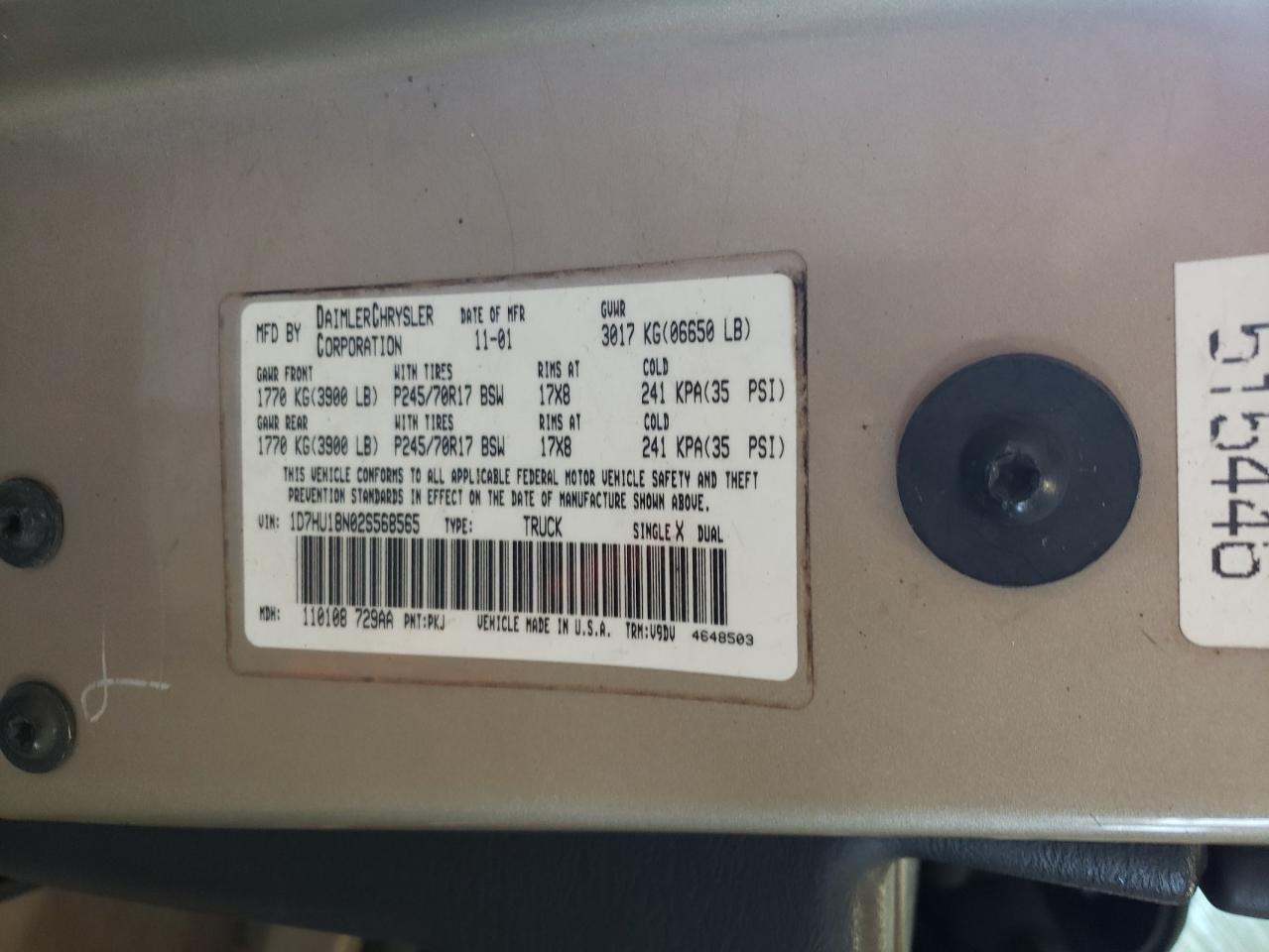 2002 Dodge Ram 1500 VIN: 1D7HU18N02S568565 Lot: 67001144