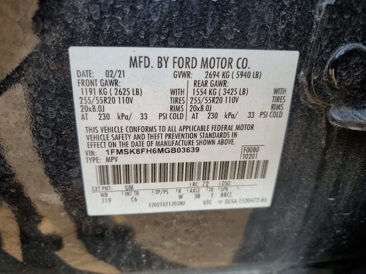 2021 Ford Explorer Limited VIN: 1FMSK8FH6MGB03639 Lot: 65546664