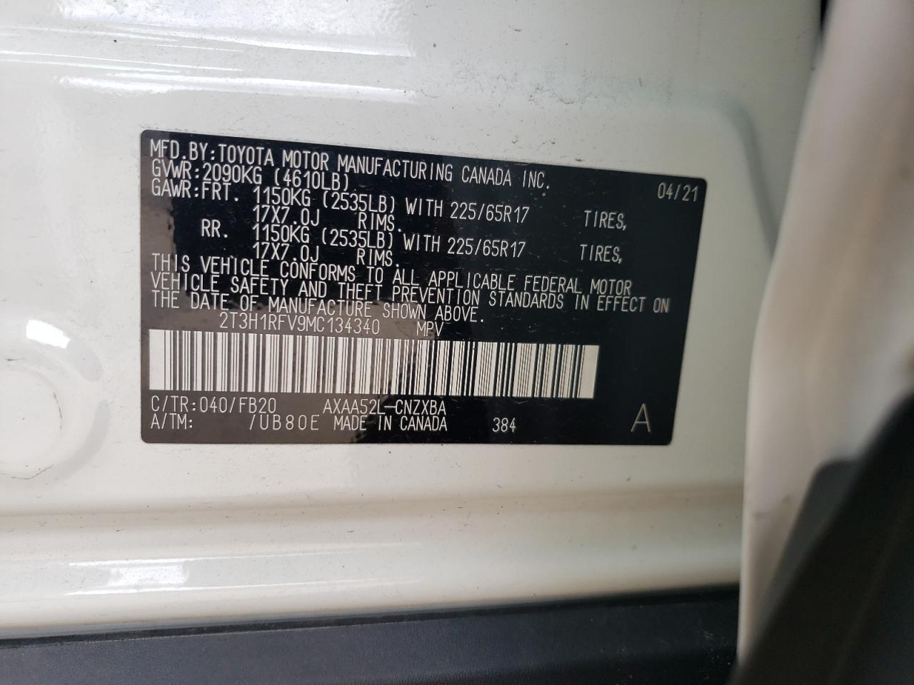 2021 Toyota Rav4 Le VIN: 2T3H1RFV9MC134340 Lot: 67494764