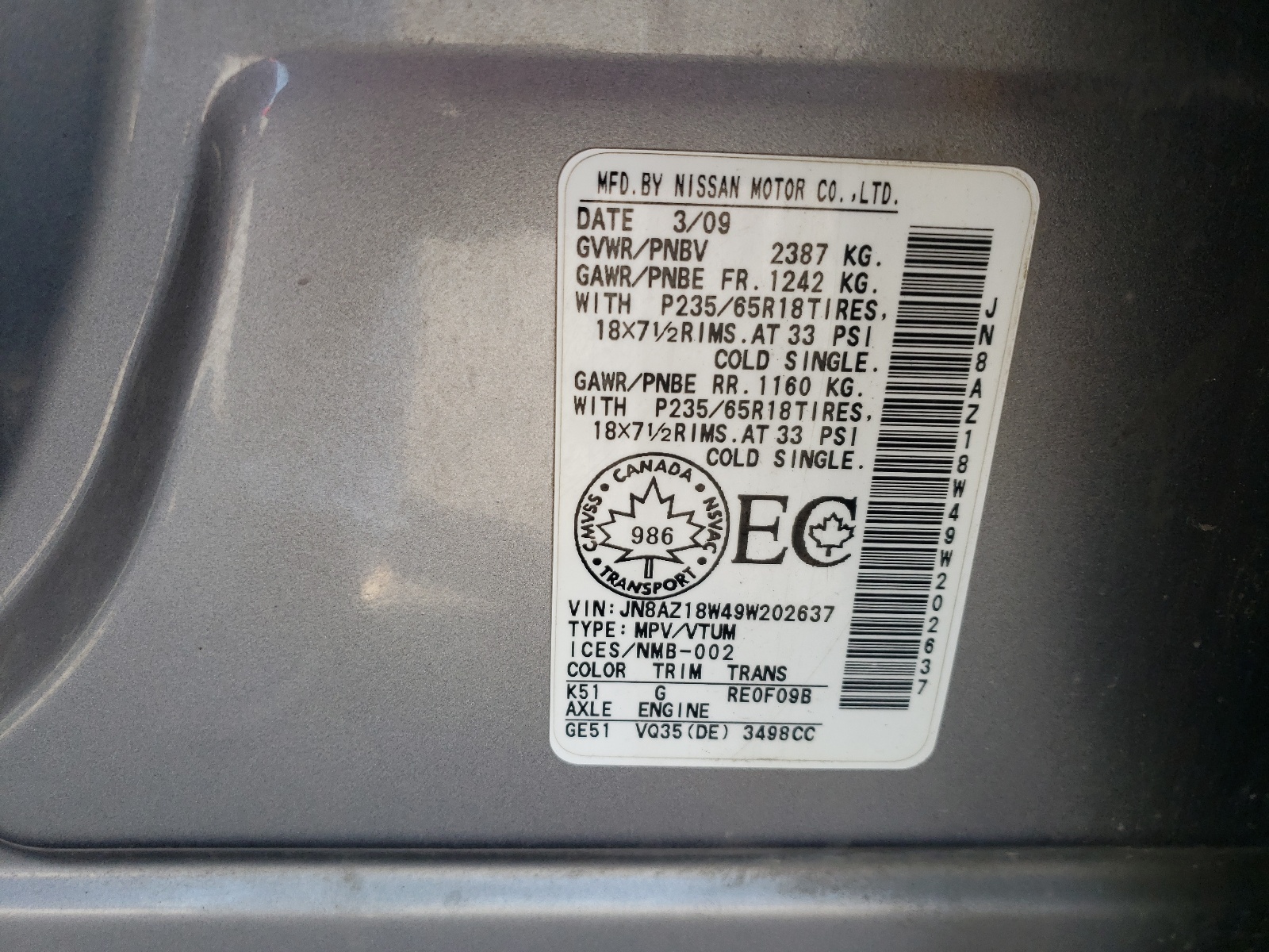 JN8AZ18W49W202637 2009 Nissan Murano S