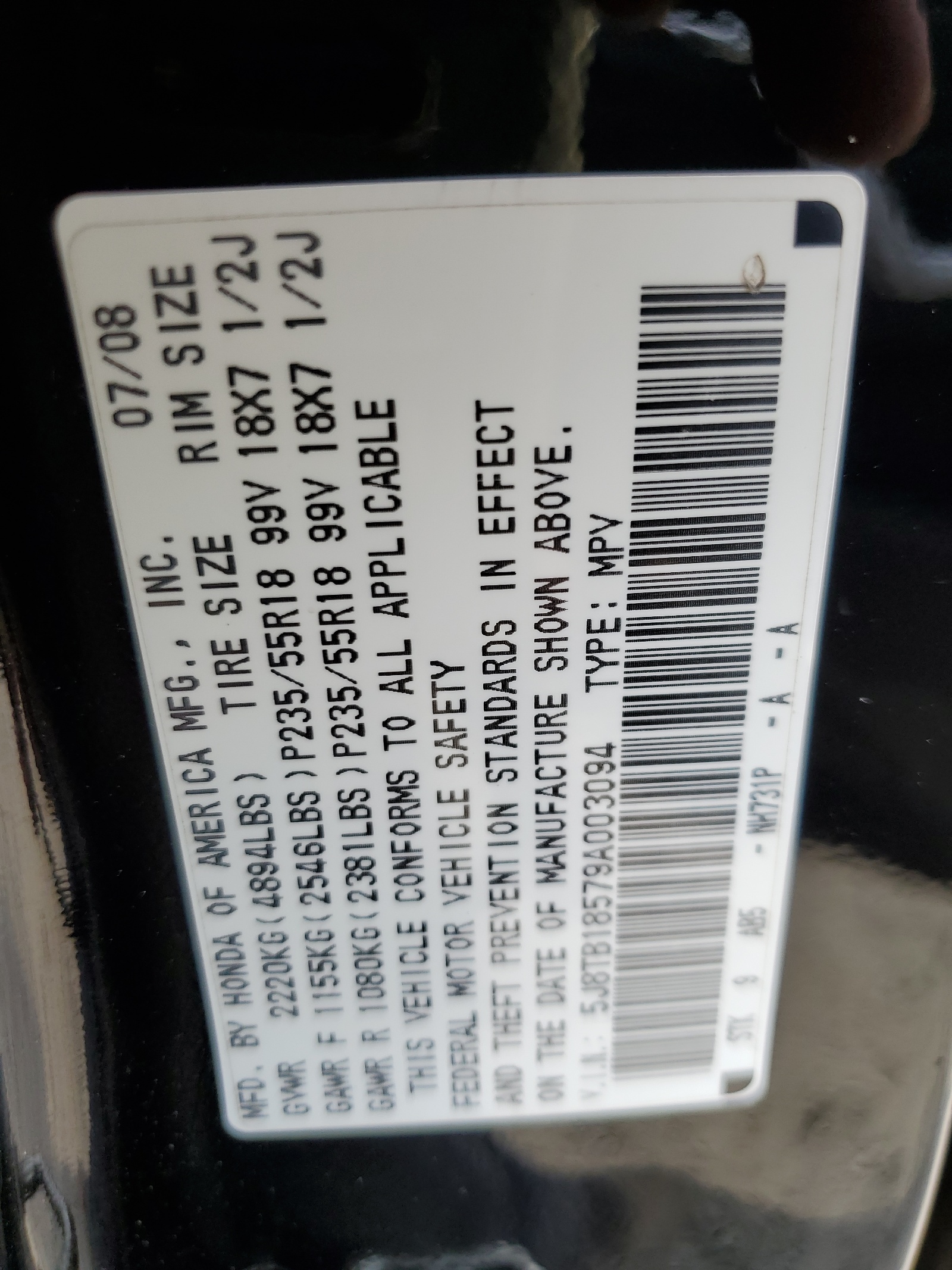 5J8TB18579A003094 2009 Acura Rdx Technology