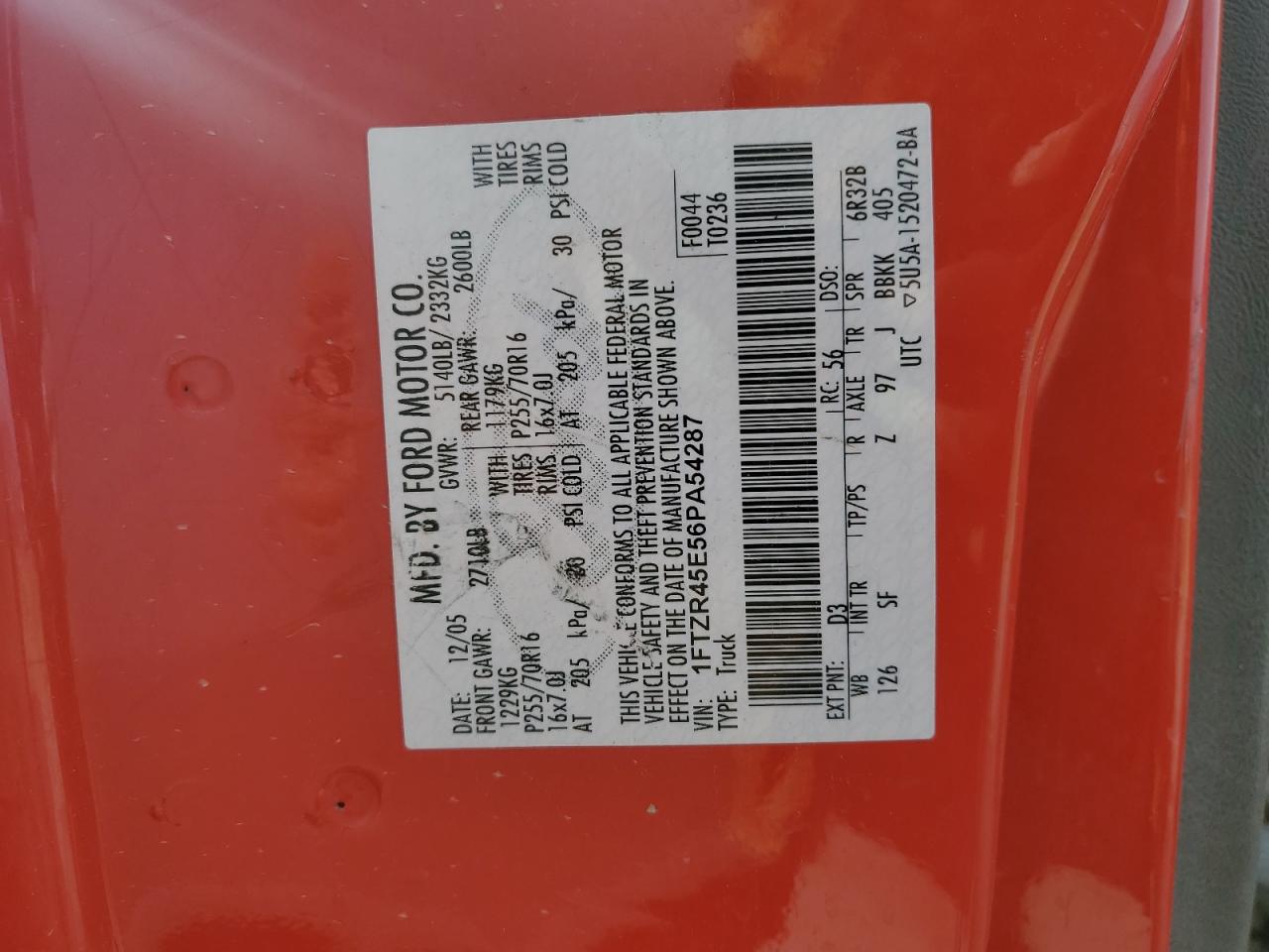 2006 Ford Ranger Super Cab VIN: 1FTZR45E56PA54287 Lot: 66925294