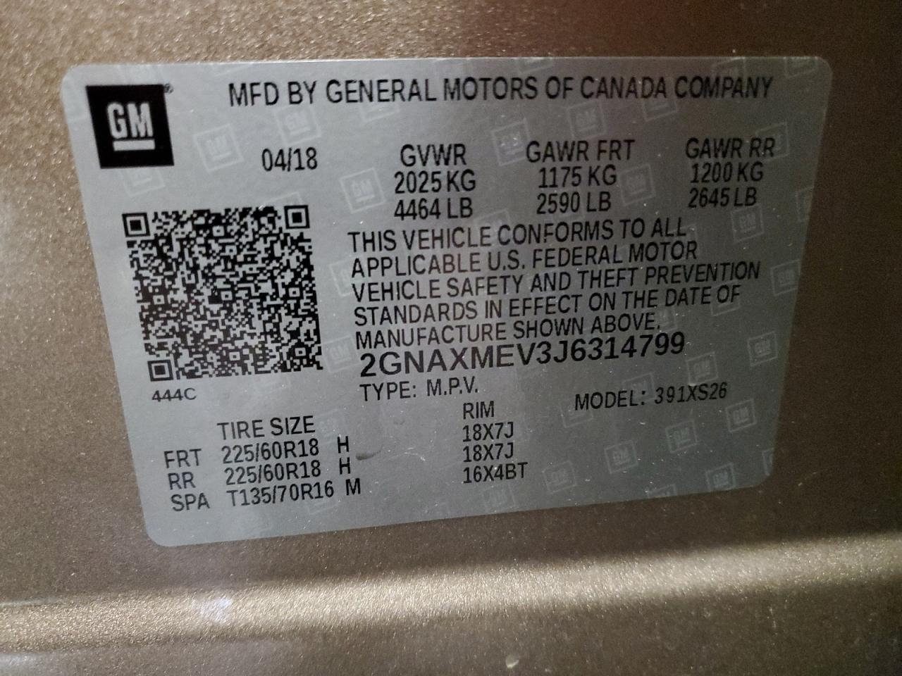 2GNAXMEV3J6314799 2018 Chevrolet Equinox Premier