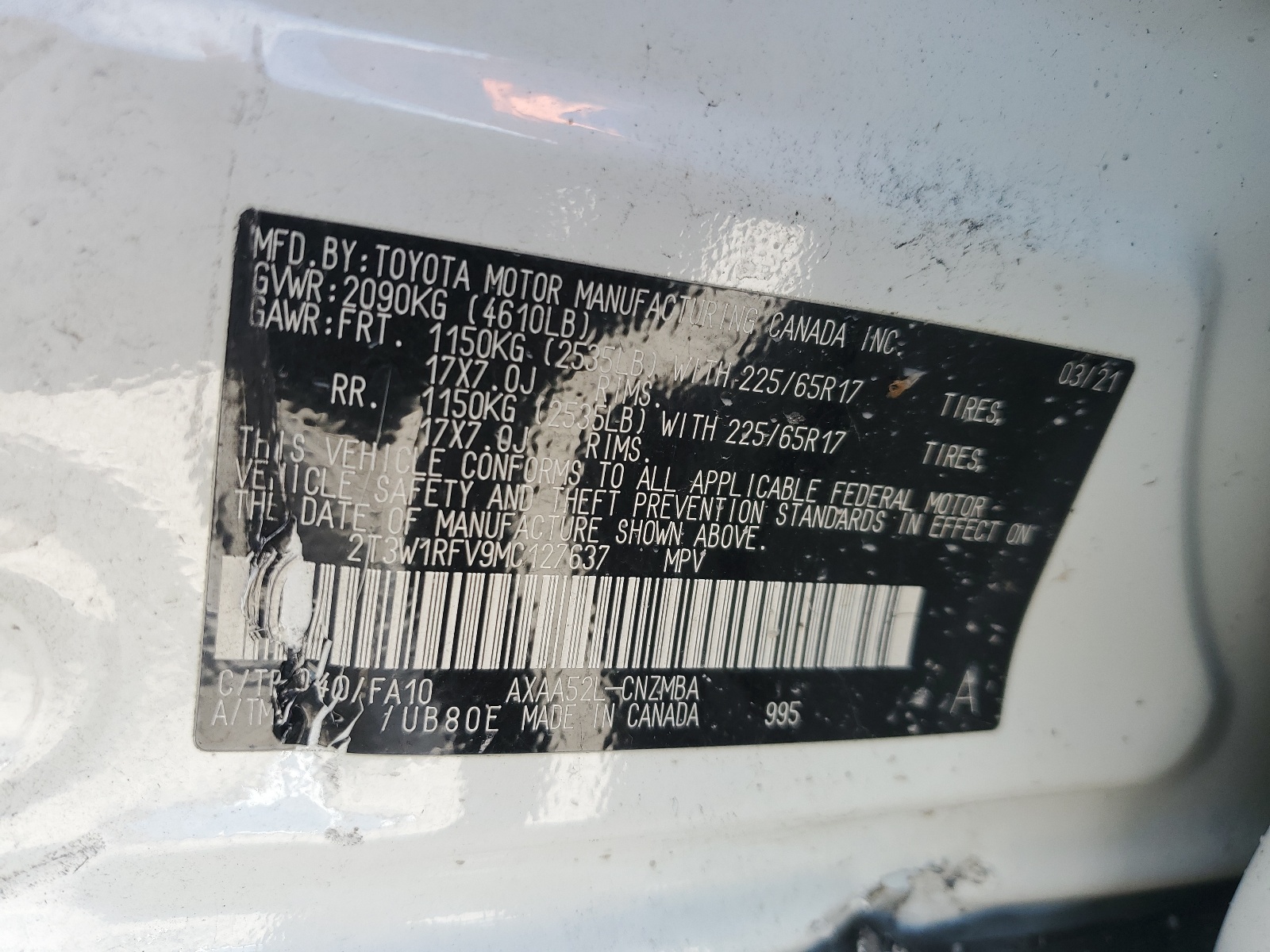 2T3W1RFV9MC127637 2021 Toyota Rav4 Xle