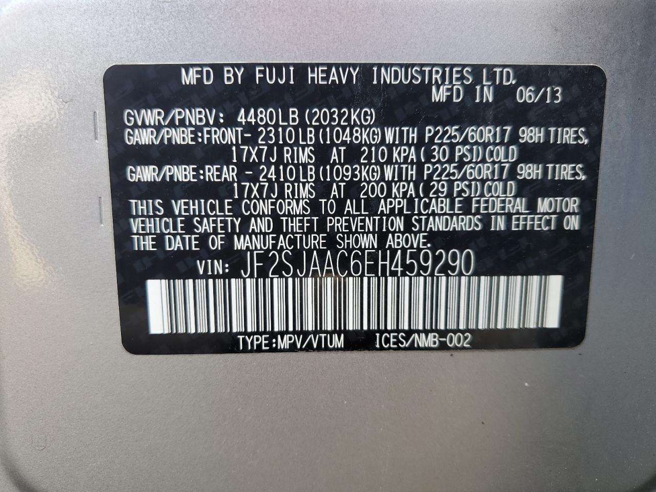 2014 Subaru Forester 2.5I VIN: JF2SJAAC6EH459290 Lot: 68801964