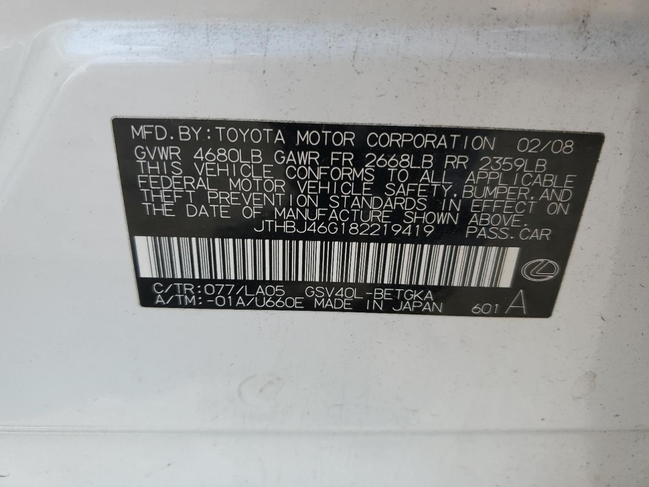 2008 Lexus Es 350 VIN: JTHBJ46G182219419 Lot: 66220454