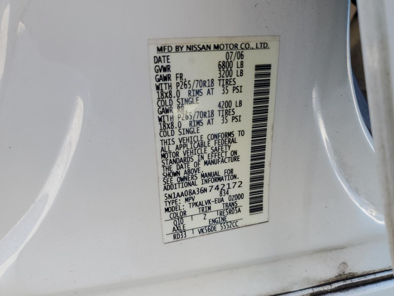 5N1AA08A36N742172 2006 Nissan Armada Se