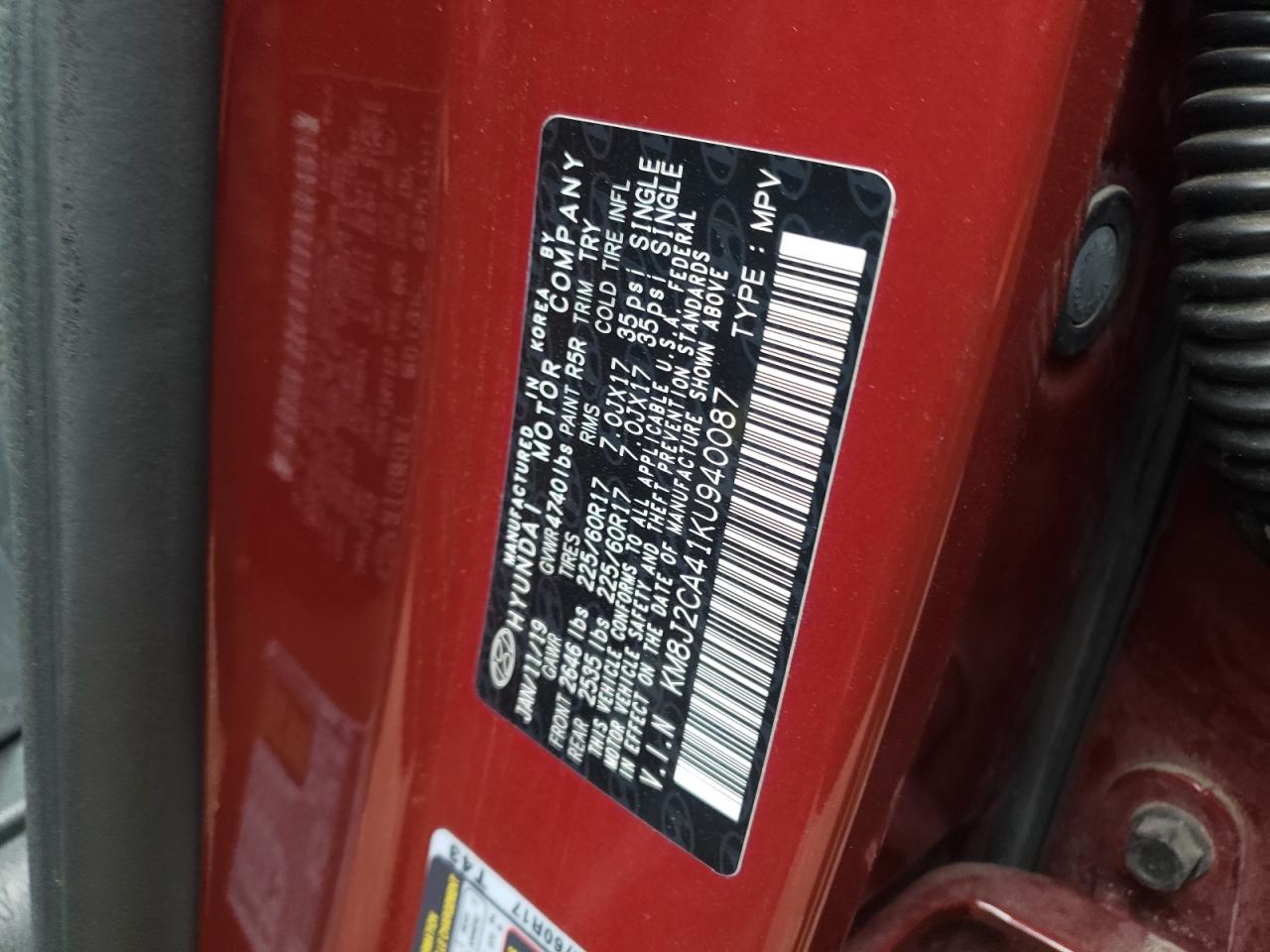 2019 Hyundai Tucson Se VIN: KM8J2CA41KU940087 Lot: 65664964