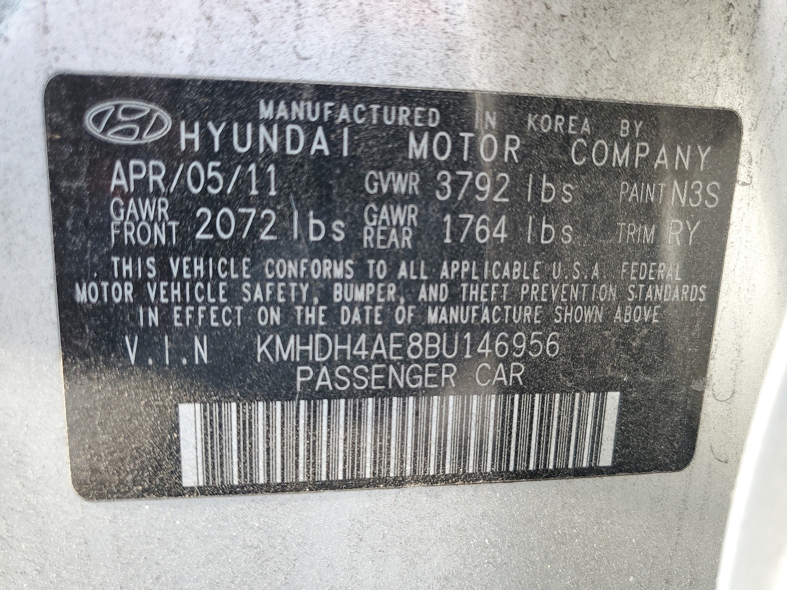 KMHDH4AE8BU146956 2011 Hyundai Elantra Gls