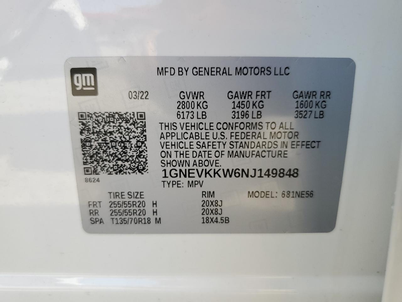 1GNEVKKW6NJ149848 2022 Chevrolet Traverse Premier