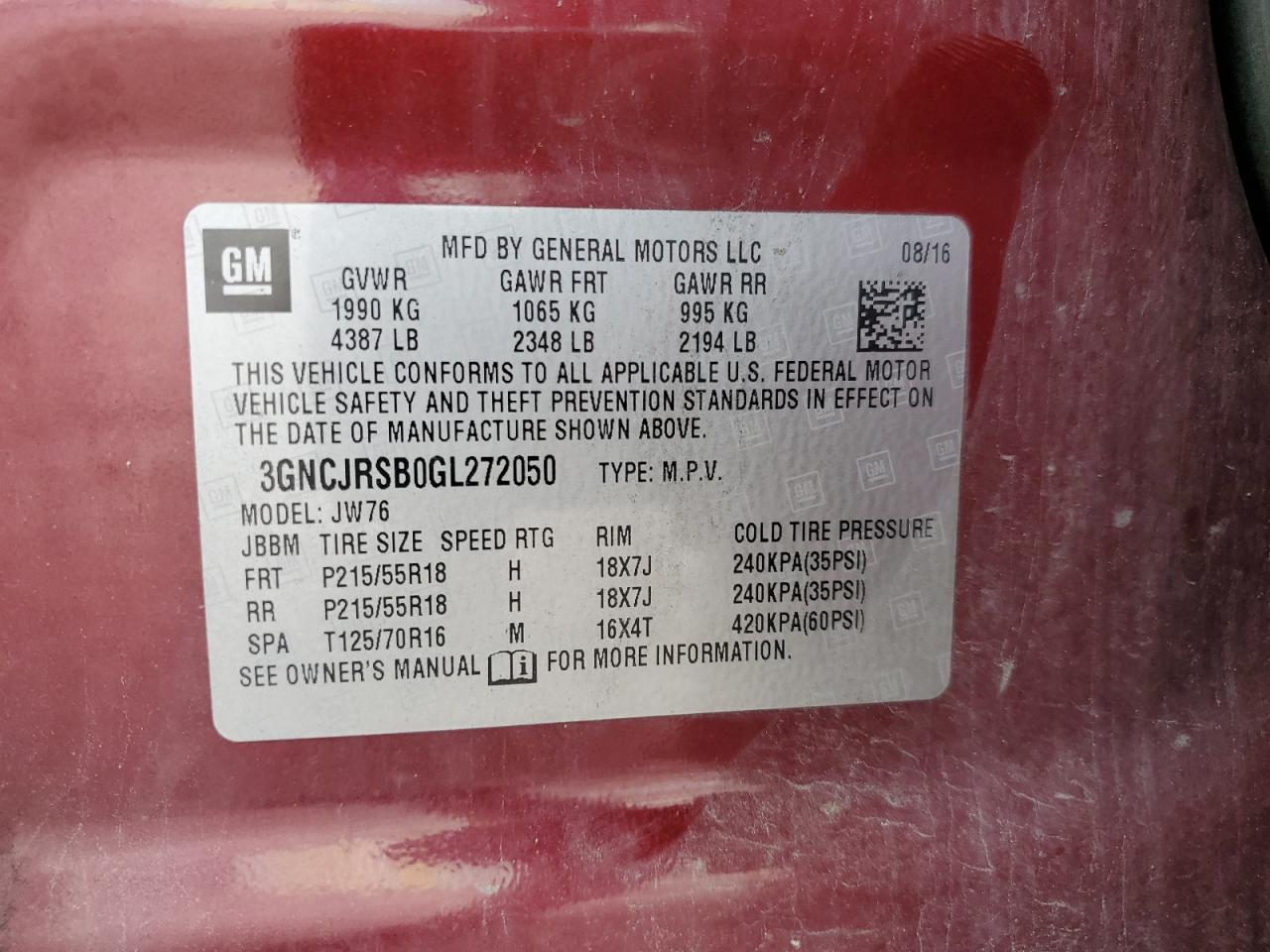 2016 Chevrolet Trax Ltz VIN: 3GNCJRSB0GL272050 Lot: 67692934