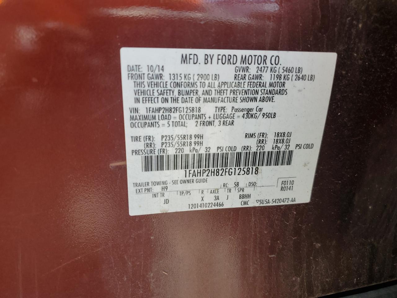 2015 Ford Taurus Sel VIN: 1FAHP2H82FG125818 Lot: 66227074