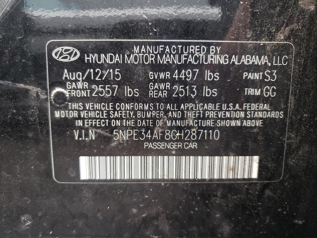 2016 Hyundai Sonata Sport VIN: 5NPE34AF8GH287110 Lot: 66325154