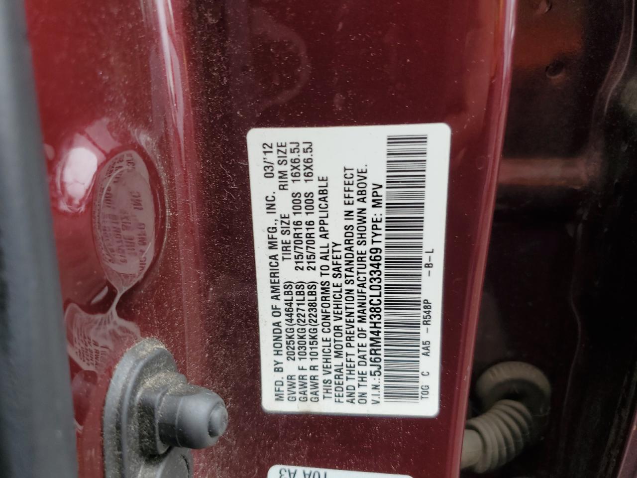 2012 Honda Cr-V Lx VIN: 5J6RM4H38CL033469 Lot: 66161644