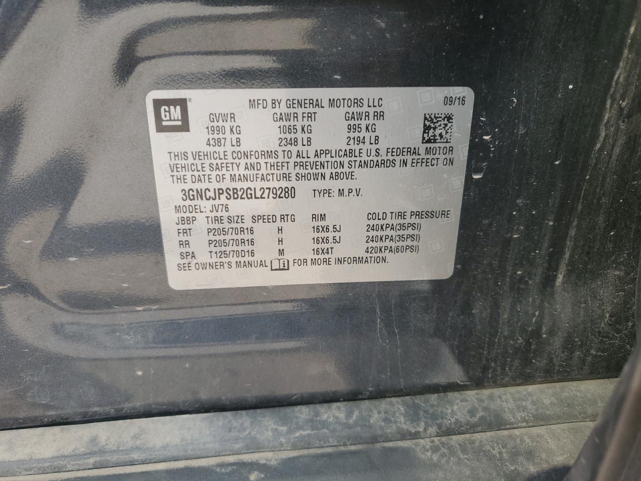 2016 Chevrolet Trax 1Lt VIN: 3GNCJPSB2GL279280 Lot: 66398664