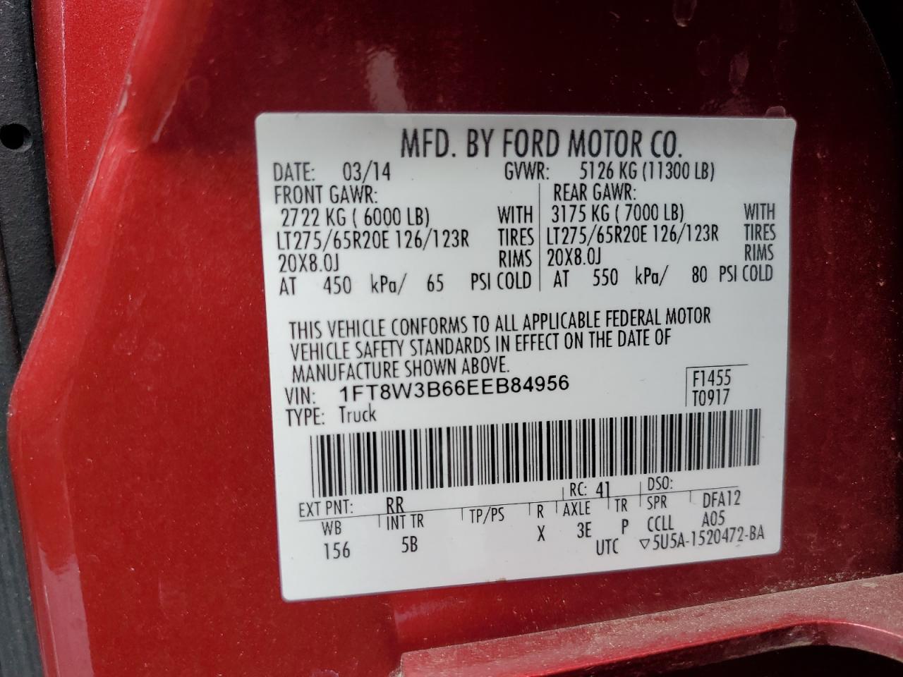 2014 Ford F350 Super Duty VIN: 1FT8W3B66EEB84956 Lot: 66714604