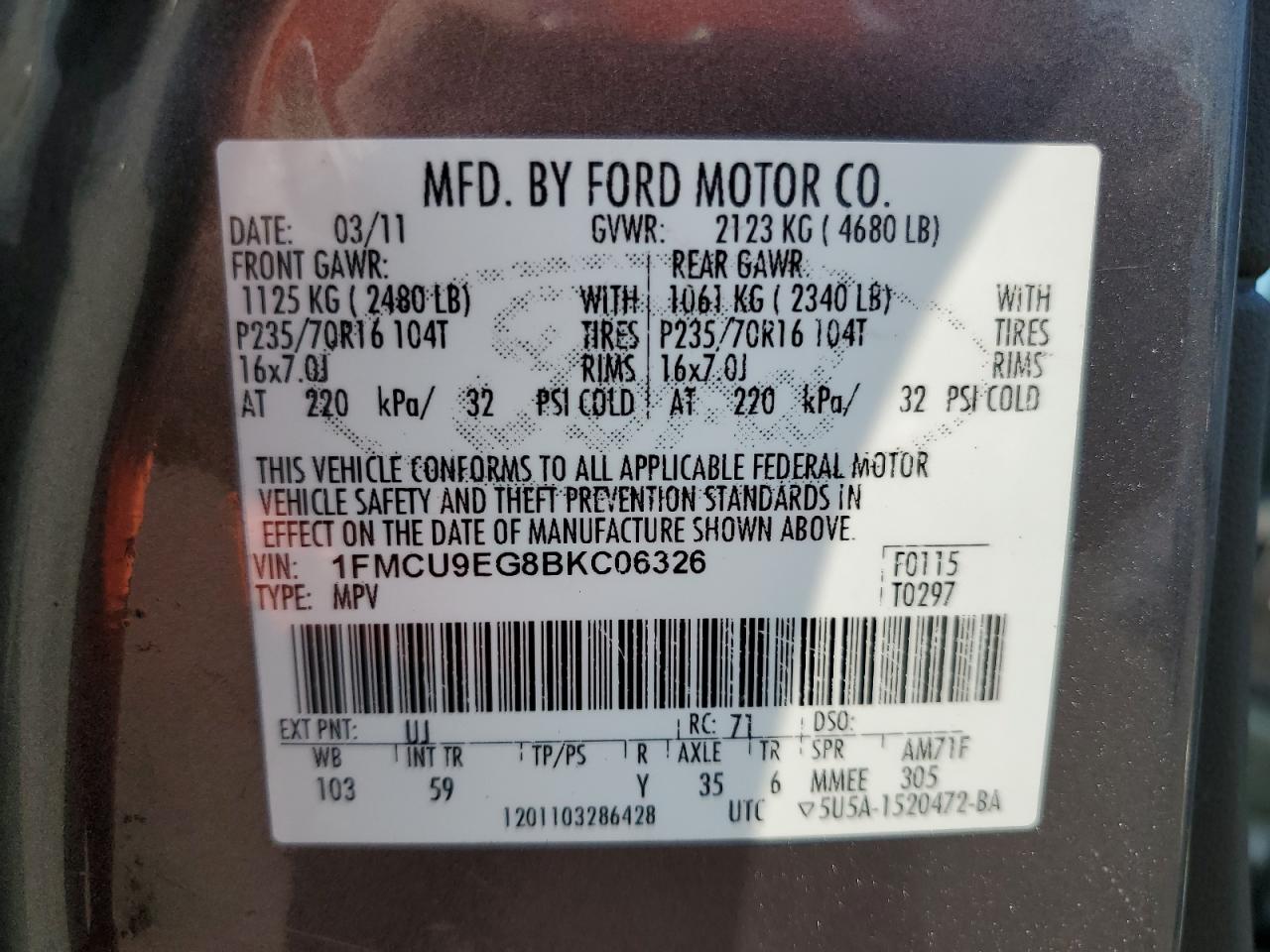 1FMCU9EG8BKC06326 2011 Ford Escape Limited