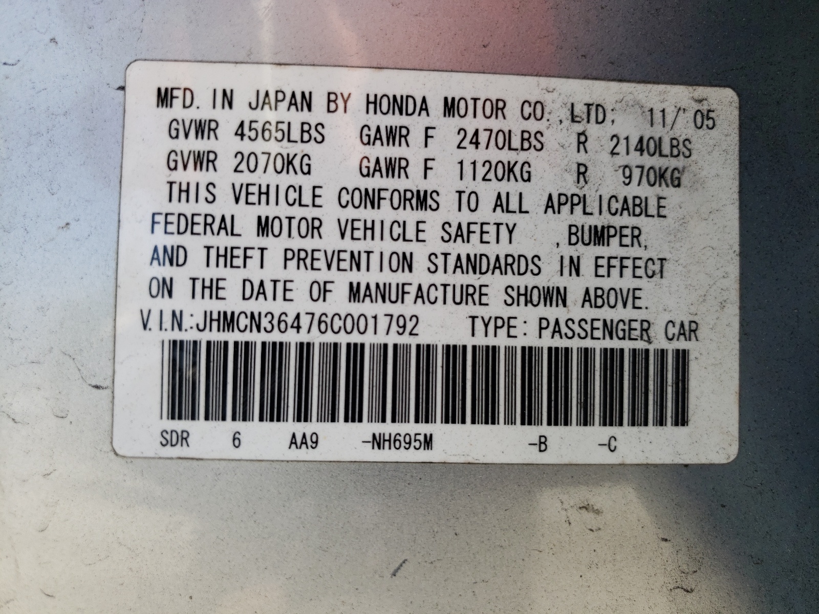 JHMCN36476C001792 2006 Honda Accord Hybrid