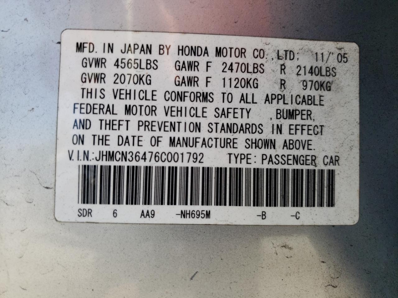 2006 Honda Accord Hybrid VIN: JHMCN36476C001792 Lot: 67135354