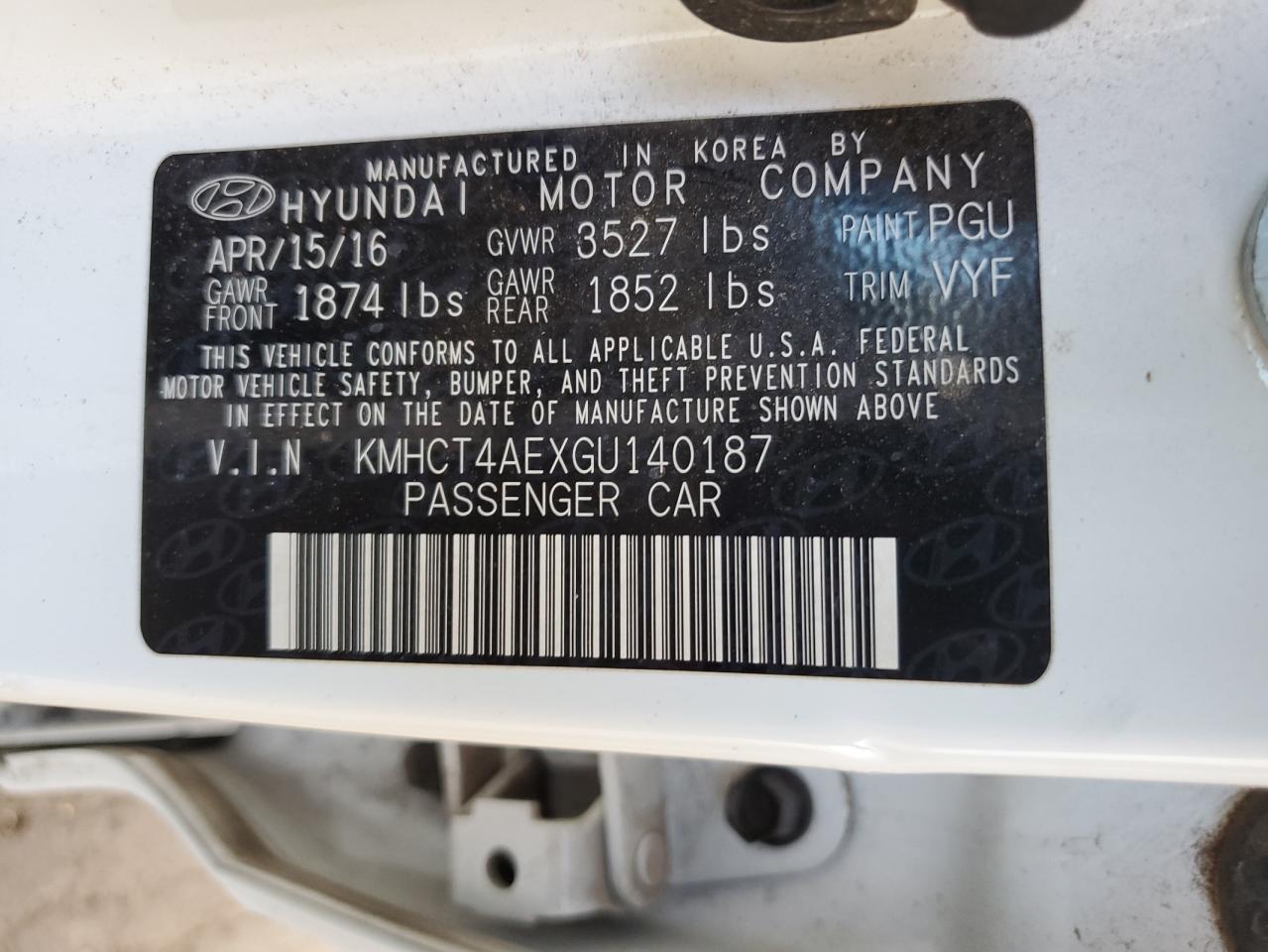 2016 Hyundai Accent Se VIN: KMHCT4AEXGU140187 Lot: 68862334