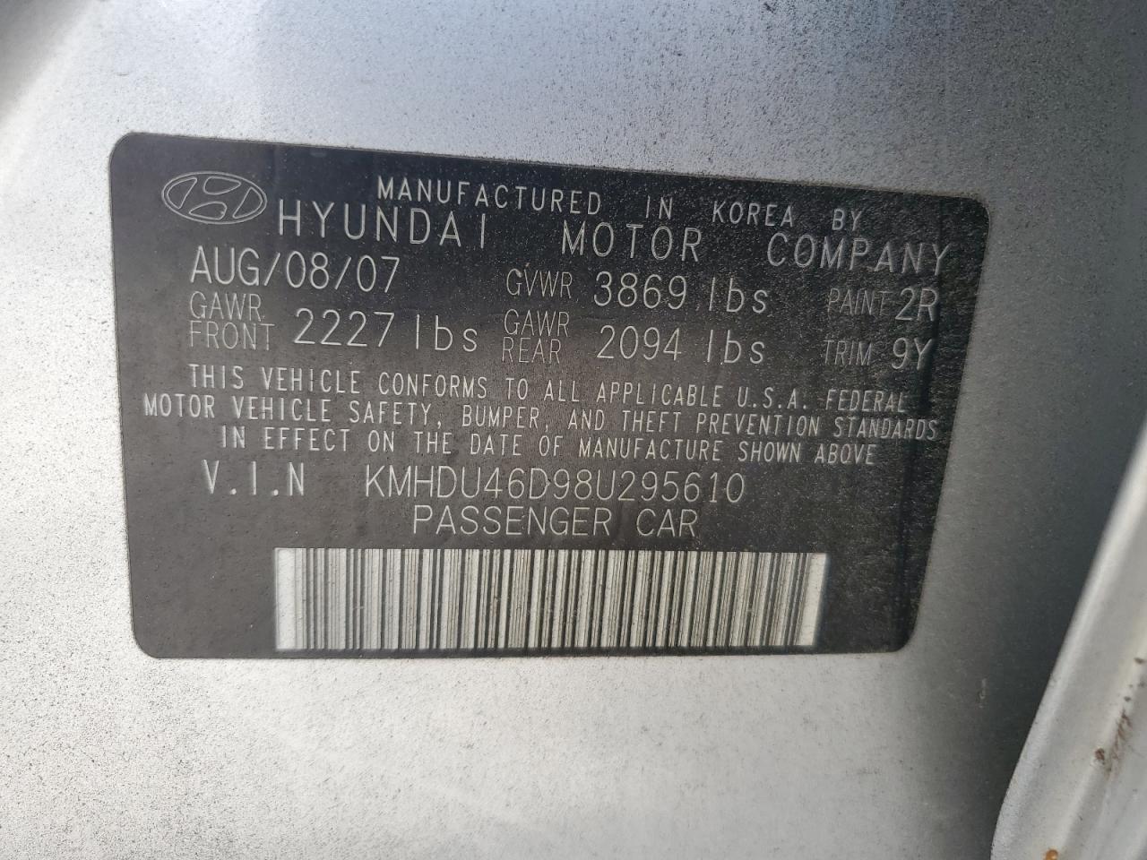 KMHDU46D98U295610 2008 Hyundai Elantra Gls