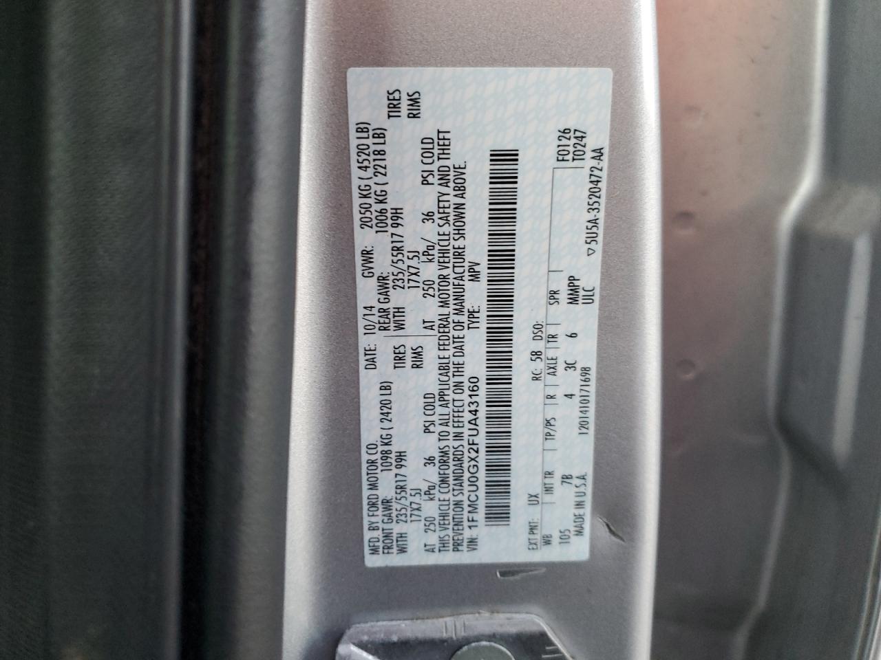 2015 Ford Escape Se VIN: 1FMCU0GX2FUA43160 Lot: 66763154