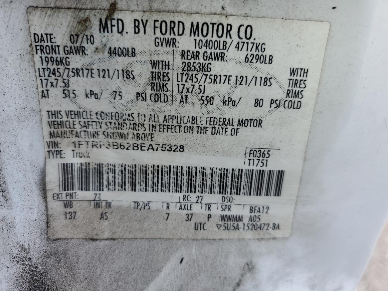2011 Ford F350 Super Duty VIN: 1FTRF3B62BEA75328 Lot: 68758974