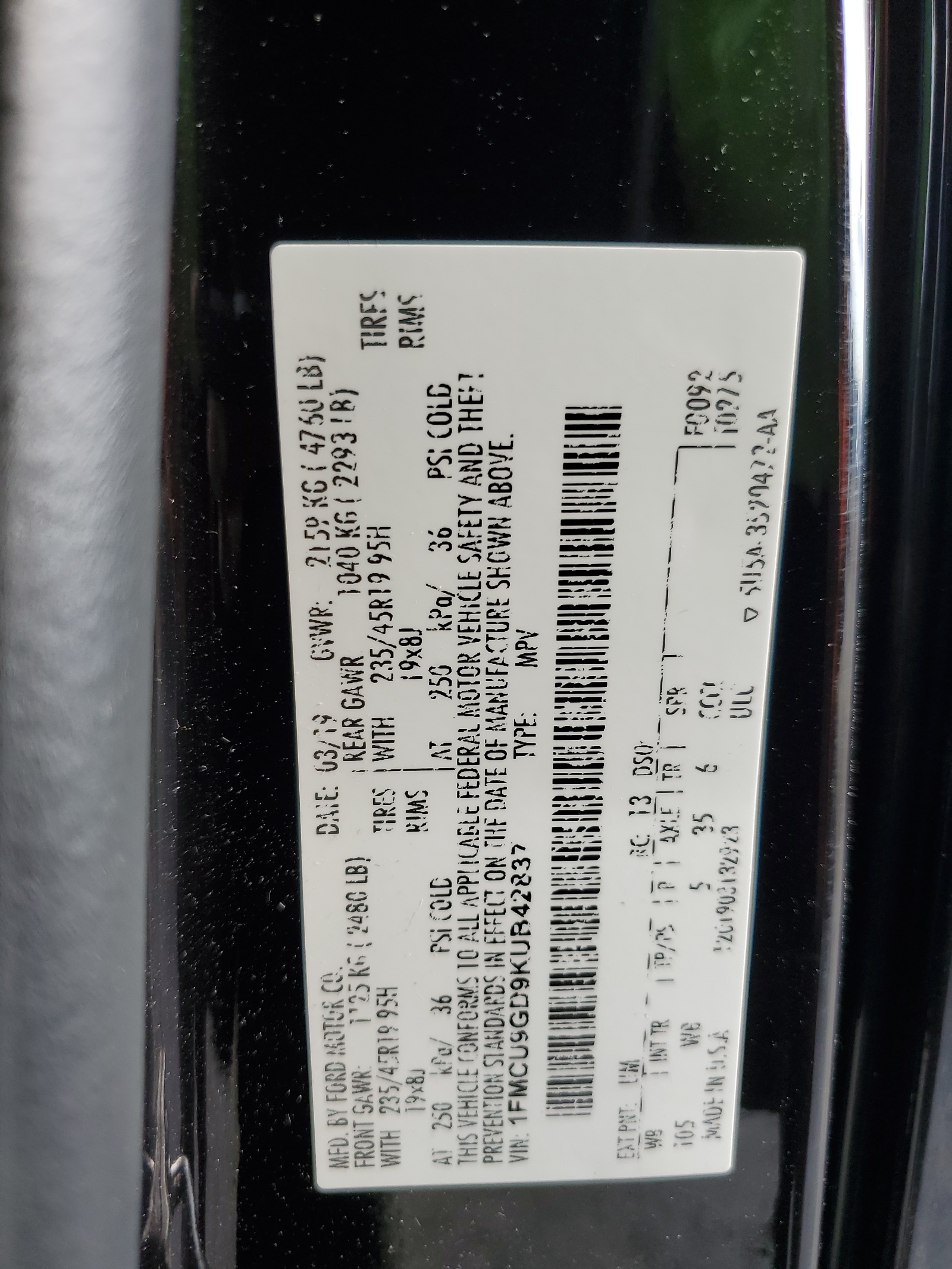 1FMCU9GD9KUB42837 2019 Ford Escape Se